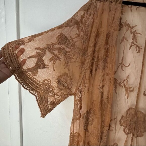 Tan Lace Kimono Longline Duster Boho Cottagecore Feminine Romantic Fairy‎ Mesh - Picture 8 of 10